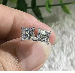 2 Ct Princess Cut Lab Created Solitaire Studs Earrings 14k White Gold Push Back - Picture 1 of 7