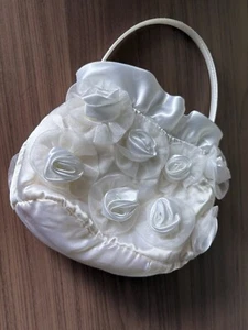 Wedding Flower Girl Purse White Satin with Tulle Flowers Elastic Easy Opening - Picture 1 of 3