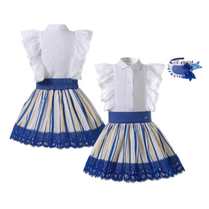 Mädchen weißes Shirt + blau gestreifter Rock Größe 3-10 12 spanischer Stil Party Outfits - Bild 1 von 12