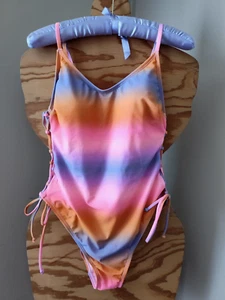 New Junior Multi-Color 1Pc. Swimsuit w/Lace-Up Sides Sz L 11-13 By No Boundaries - Picture 1 of 7
