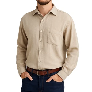 Claiborne Beige Button-Up Shirt Long Sleeve Pocket Linen Blend L Vintage Office - Picture 1 of 12