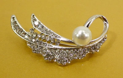 Блестящий прозрачный кристалл лист булавка брошь с белым жемчугом элегантный кристалл булавка новый - Изображение 1 из 4