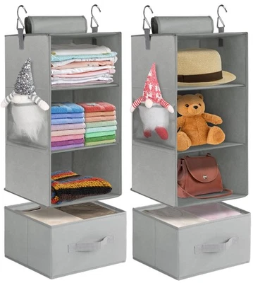 Paquete de 2 organizadores de armario colgante de 3 estantes con cajones plegables grises Foto 1 de 4