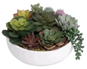8 Inch White Ceramic Artificial Succulent in Plant Bowl, Decorative Planter Pot - Picture 1 of 6