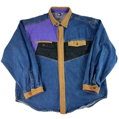 Vintage 90s BOXX Jeans CJ Two Brothers Denim Shirt Color Block Purple Tan XL - Image 1 of 4