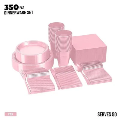 350 Pc Pink Plastic Party Tableware Set for 50 Guests,  Disposable Plates, Cups - Image 1 of 4
