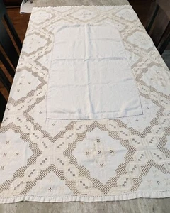 Vintage Embroidery And Crochet Linen Tablecloth In Antique White - 68 x 48 - Picture 1 of 10