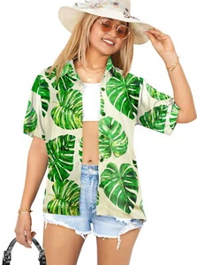 HAPPY BAY Women's Button Down Blouses Short Sleeve Shirts M Tropical Leaf, Green - Picture 1 of 3
