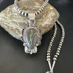 Men WoMens Navajo Sterling Silver Green Boulder Turquoise Necklace Pendant 16135 - Picture 1 of 13