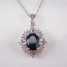 Sapphire and Diamond Halo Necklace Pendant White Gold 18" Chain Jewelry Gift