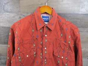Wrangler Western Shirt Mens Large Orange Aztec Pearl Snap Long Sleeve Cowboy - Picture 1 of 10