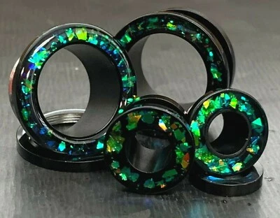 PAIR Green Opal Glitter Rim Screw Fit Tunnels Ear Plugs Earlet Rimmed Gauges - Image 1 of 4