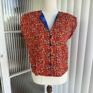 Homemade Blouse Women S/M Red Floral Button Up V-neck Cropped Vintage Style - Picture 1 of 9