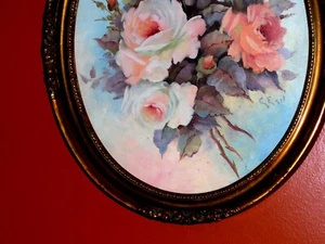 SIGNED C. Earl ORIGINAL Rose Flowers Bouquet Oil Canvas Royal Painting Vintage - Bild 1 von 12