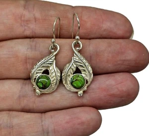 Green Mojave Turquoise Earrings, Sterling Silver, Leaf Design, Protection Stone - Picture 1 of 7