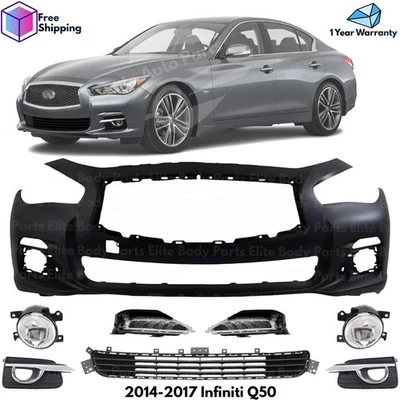 Front Bumper Cover Primed Plastic & Fog Lights Kit For 2014-2017 Infiniti Q50 Foto 1 de 4