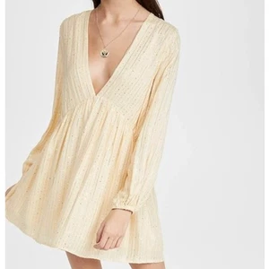 Yellow Sundress Plunging Mini Dress MEDIUM LARGE Gold Metallic Boho $295 NEW - Picture 1 of 6