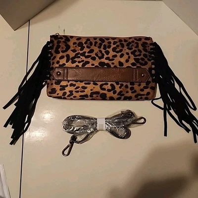 Justin Cheetah Animal Print Suede Fringe Clutch CrossBody Western Festival Purse - Image 1 of 4