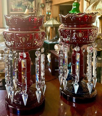 Antique Pair of 13" Enameled Ruby Red Glass Mantle Lusters/ Vases Cut Prisms - Image 1 of 4