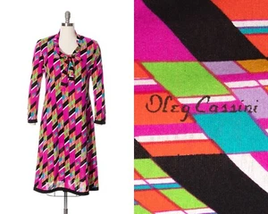 Vintage 1970s 70s OLEG CASSINI Psychedelic Geometric Jersey Knit Pussy Bow Dress - Picture 1 of 11