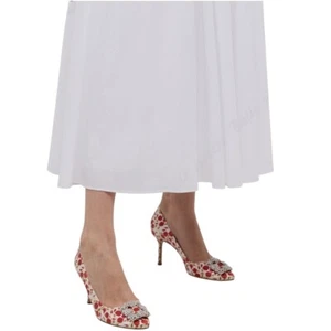 New Manolo Blahnik Floral Hangisi Silk Blend Crystal Heels White Womens Size 38 - Picture 1 of 10