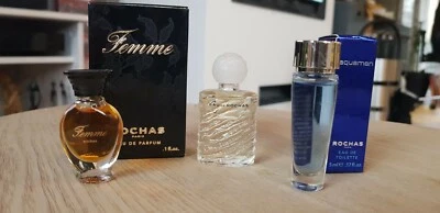 3 flacons miniatures Rochas FEMME, EAU DE ROCHAS, AQUAMAN pleines avec boîtes - Photo 1/3