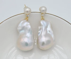 S2207 100% Natürliche Süßwasser Doppel Perle Barock Perle Ohrstecker 925SS - Bild 1 von 4