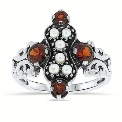 GENUINE GARNET & PEARL VICTORIA ANTIQUE STYLE 925 STERLING SILVER RING      014Z - Image 1 of 3