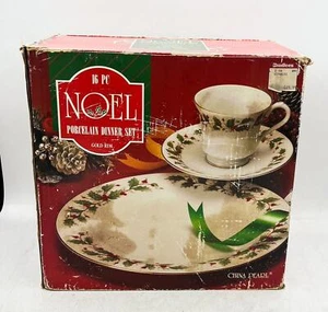 Vintage 16 Pc Porcelain Christmas Dinner Set Noel Gold Rim China Pearl - Picture 1 of 1