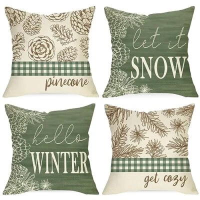 Hello Winter Pine Cone Decorative Throw Pillow Covers 18x18 Set of 4 Let It S... - Image 1 of 4