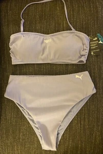 PUMA Women's Bandeau Ribbed Bikini Top & Bottom 2 Piece Swimwear Set Purple L Lg - Picture 1 of 4