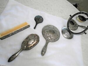 Vintage Vanity Set Silver Plated Lot Ornate 3 mirrors Brush Comb