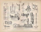 Litografia 1889: POMPY. Pompa podnosząca Pompa ciśnieniowa Pompa obrotowa Ścienna pompa parowa