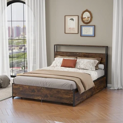 Modern Queen Size Bed Frame 4 Storage Drawers Industrial Metal Solid Wood  Bed — 第 1/4 张图片