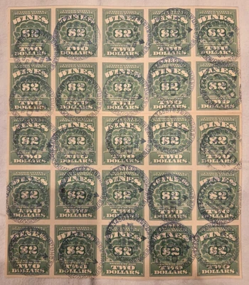 U.S. Revenue Stamps 25 -2 dollar Wine Stamps Series of 1916 - Used -Sheet of 25  - Image 1 of 4