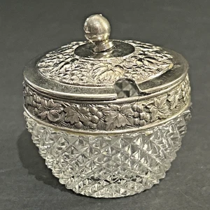 Diamond Cut Glass Relish Mustard Salt Trinket ￼Dish With Metal Cover, VTG - Picture 1 of 13