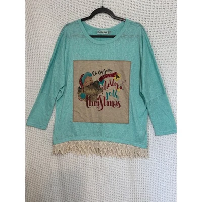 Top Southern Grace Teal Santa "Holly Jolly Christmas" con ribete de encaje M L Foto 1 de 4