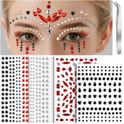 4 hojas de gemas faciales adhesivas, joyas faciales gemas de pedrería cara roja y negra, Fe Foto 1 de 4