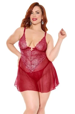 Coquette Diva Metallic Scallop Lace Sheer Mesh Babydoll Red/Silver - Image 1 of 4