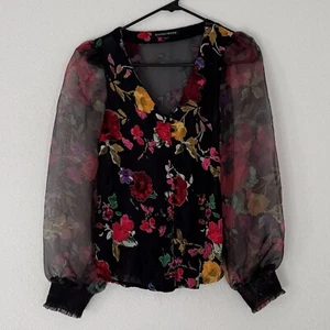 Camicia blusa Boston corretta floreale donna XS multicolore maniche a rete floreale - Foto 1 di 9