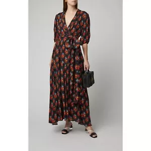 Gul Hurgel Black Floral V Neck Maxi Dress Half Sleeve Tie Waist Size XS Crepe - Picture 1 of 14