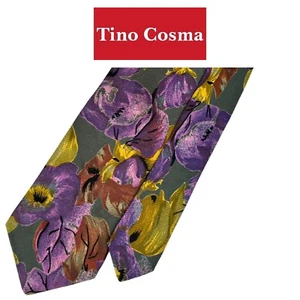 Tino Cosma Krawatte - lila gelb braun Blumen grün Blätter Muster Seide Italy Tie - Bild 1 von 10