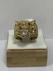 Mens Real Gold 14K Solid Yellow Gold Lion Animal Face With 14 Karat Ring Mens - Picture 1 of 4