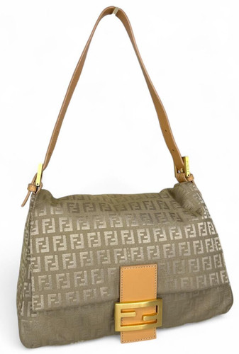 Autentica baguette a spalla singola FENDI Mama Beige FF Tela Zucchino
