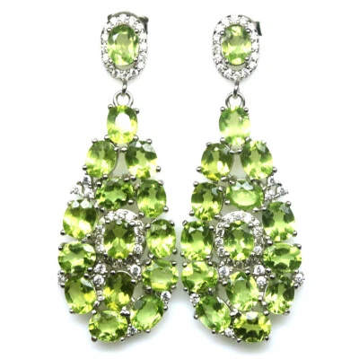 Gemstone Green Peridot & White Zircon Earrings 925 Silver White Gold - Image 1 of 4