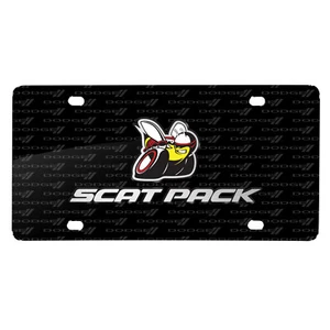 Dodge Scat-Pack Full Color 3D Logo on Logo Pattern Black Aluminum License Plate - Picture 1 of 6