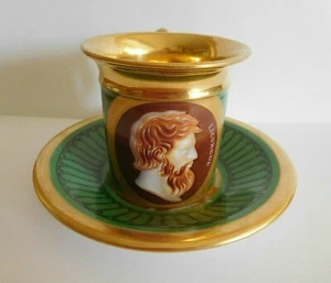 ANTIQUE SCHOELCHER PARIS PORCELAIN COFFEE CUP AND SAUCER CAMEO PORTRAIT - Picture 1 of 12