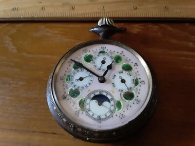 Goliath, Calendar Pocket Watch, 64mm, Pink Dial & Green Cartouches, Runs Great - Image 1 of 4