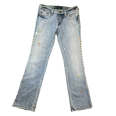 Jeans Odyn Talla 28 Lavado Claro Y2K Bordados Florales Tachonados Tiro Bajo Botón Mosca Foto 1 de 4