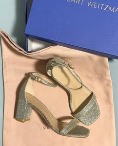 New Stuart Weitzman Nudistcurve 75 Block Sandal Sz 8 B 38.5 Spain Made Platino - Picture 1 of 8